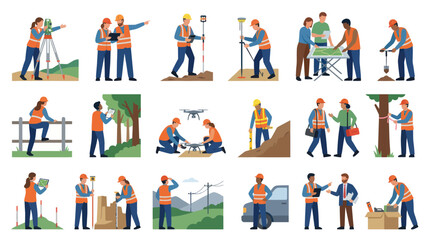 Fototapeta premium Professional Surveying and Civil Engineering Flat Illustration Set: Surveyors with Equipment on Construction Sites