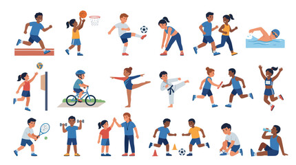 Fototapeta premium Diverse Kids Sports Activities Flat Vector Illustration