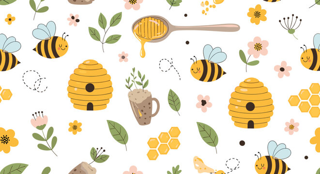 Sweet seamless pattern background featuring cute honeybees, beehives, honey spoons, and wildflowers in a natural garden.
