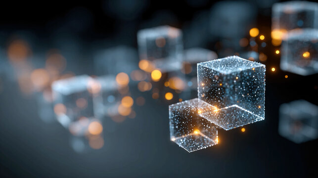 Digital business ecosystem represented by floating holographic cubes interconnected data streams and luminous growth charts conveying innovation strategic planning and startup potential
