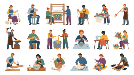 Fototapeta premium Flat Design Cartoon of People Engaged in Creative Handmade Craft Hobbies and Artisan Activities