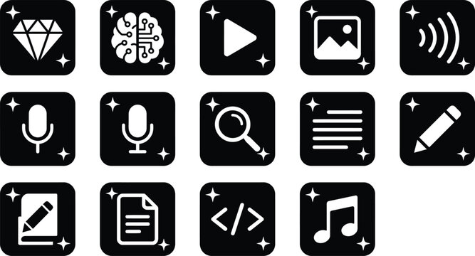 Black icon set silhouette collection diamond ai play sound voice search code music