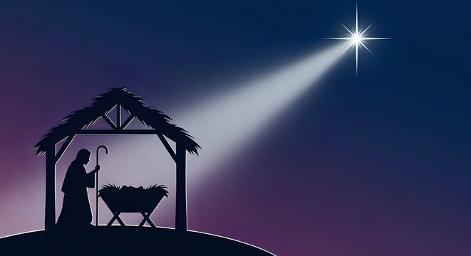 Silhouette of nativity scene under the star of bethlehem in night sky with nativity