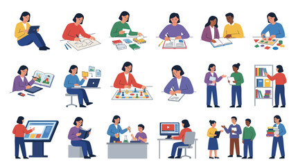 Fototapeta premium Flat Design Vector Illustration of Education and Learning Activities, Students and Teachers in Various Settings