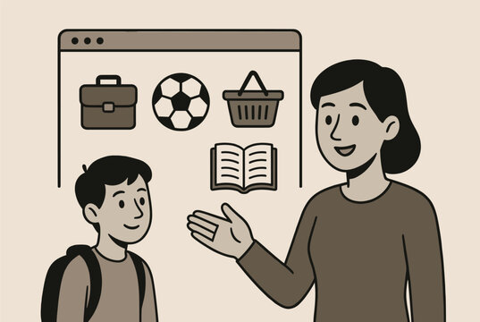 Mother guiding her son on safe internet browsing options including online shopping, school, sports, and reading.