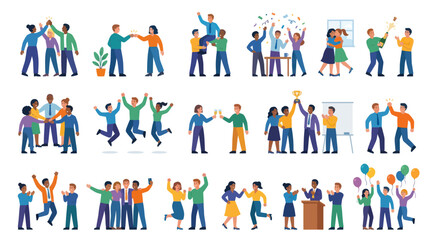 Fototapeta premium Happy diverse business team celebrating success, flat vector illustration
