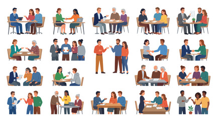 Fototapeta premium Business Meeting Icon Set, Flat Design, Diverse People in Office Scenarios
