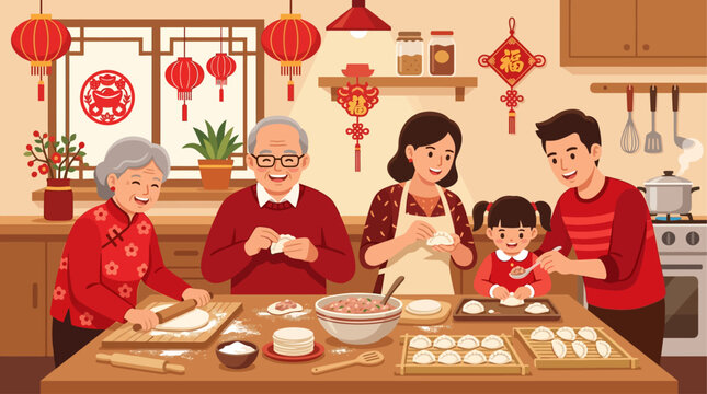 Family making dumplings together in the kitchen