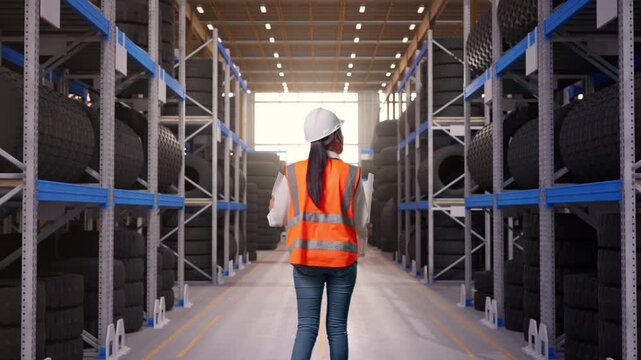 Back of Asian Female Engineer Looking At Blueprint In His Hands While Walking at Tire Warehouse Interior with Industrial Shelving Racks