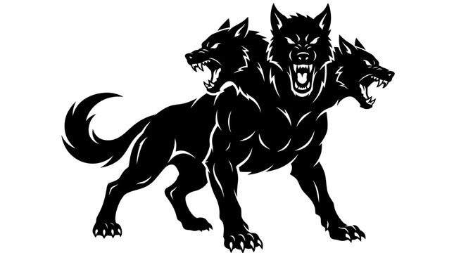 Aggressive three headed hellhound Cerberus silhouette.