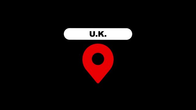 Animated u.k. location pin with text label, united kingdom map marker for travel and business presentations, isolated on black background