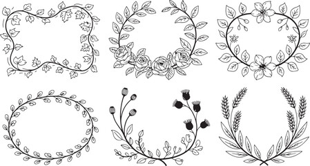Fototapeta premium Hand drawn floral and leaf decorative frames and borders in black and white line style invitations and