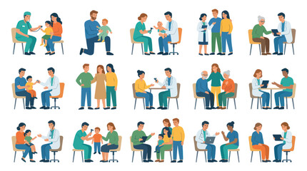 Fototapeta premium Flat Vector Medical Healthcare Consultations: Doctors, Nurses, and Patients of All Ages During Examinations