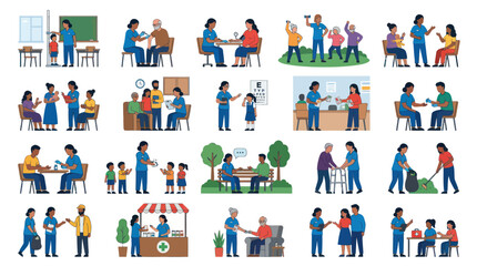 Fototapeta premium Flat Vector Illustrations: Healthcare, Community Support, and Public Health Services