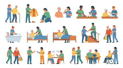 Fototapeta premium Senior Care Icons: Diverse caregivers assisting elderly people in daily life activities