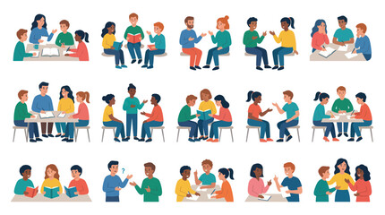 Fototapeta premium Diverse Students Learning and Collaborating in Study Groups, Flat Vector Art