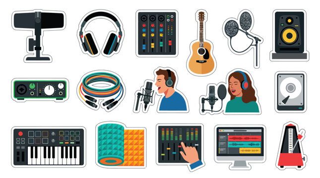 Music Production and Audio Recording Studio Equipment Flat Vector Icons Set