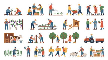 Fototapeta premium Flat Illustration of Farmers Harvesting and Working on a Farm