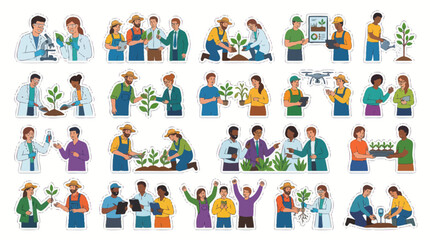 Fototapeta premium Agricultural Scientists and Farmers Flat Vector Illustrations Working with Plants and Technology