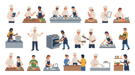 Fototapeta premium Professional Culinary Chefs and Cooks Preparing Food Flat Vector Illustration Set