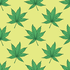 Naklejka premium Seamless pattern with hand drawn cannabis leaf Medicine marijuana Hemp leaves For decorative print, wrapping paper, fabric, packaging, background
