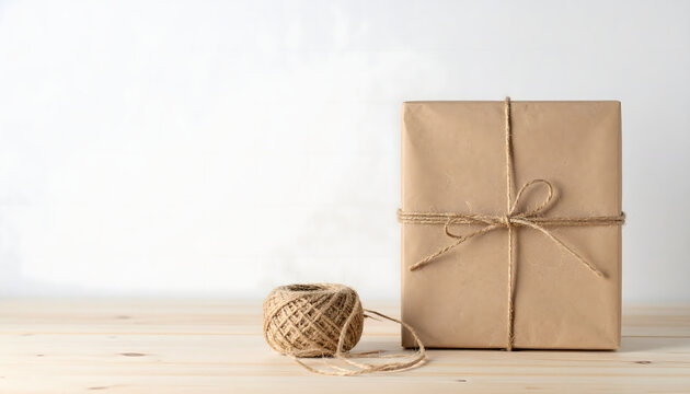 Neat roll of natural brown jute twine rope on textured light gray concrete background