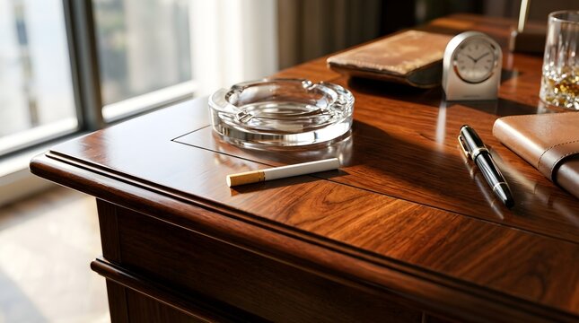 Wooden desk with glass ashtray and cigarette on surface