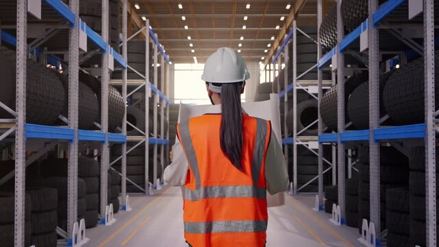 Back of Asian Female Engineer Looking At Blueprint In His Hands While Walking at Tire Warehouse Interior with Industrial Shelving Racks