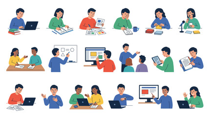 Fototapeta premium Diverse Students Learning Online with Laptops Digital Tools, Flat Vector Illustration