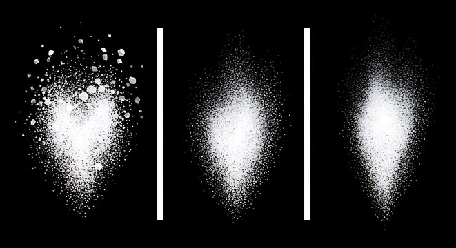 White powder explosion and heart particle spray on black background