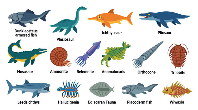 Paleontology Flat Vector Illustration: Prehistoric Marine Animals, Extinct Fish, and Fossils Icons