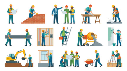 Fototapeta premium Construction worker flat vector illustrations, people working on site