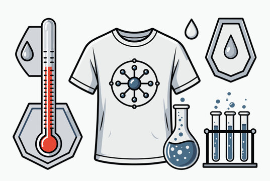 Technical illustration of smart fabric clothing technology featuring thermometer, test tubes, and molecular symbol.