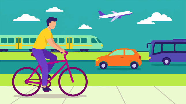 Diverse transportation modes illustration: cycling, train, car, bus, airplane