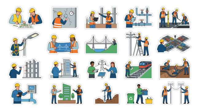 Flat Vector Set: Engineering, Construction  Industrial Workers. Infrastructure  Utilities Professionals Illustrations