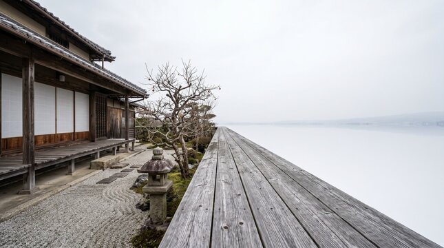 Surrealism. Japanese engawa veranda extending infinitely into open winter sky beyond the garden, impossible wooden horizon, concept of infinite space