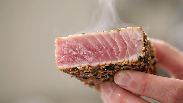 Close-up of a chef holding a thick slice of freshly seared ahi tuna steak crusted with black and white sesame seeds, showing steaming hot pink rare fish meat texture