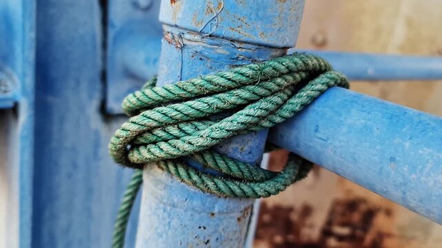 Sidoarjo, Indonesia - 19 June, 2026: Strong braided green rope securing a rustic blue iron pipe, symbolizing strength, safety, and reliable connection.