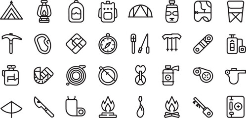 Naklejka premium Line for camping and hiking gear including tents, backpacks, lanterns, compasses, and cooking equipment