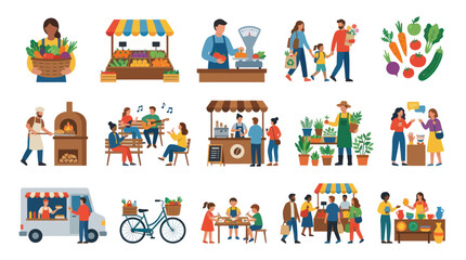 Fototapeta premium Food Market Flat Illustration Set Featuring Local Shopping, Vendors, Customers, and Organic Produce