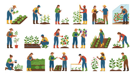Fototapeta premium Farmers Working in Garden, Growing Vegetables and Fruits, Flat Illustration