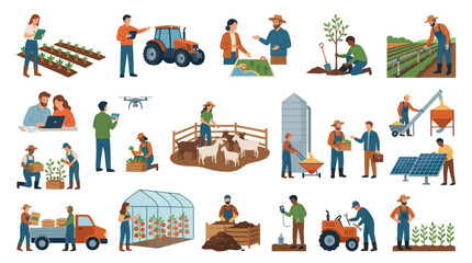 Fototapeta premium Farming and Agriculture Flat Vector Icons: Modern Rural Life and Technology