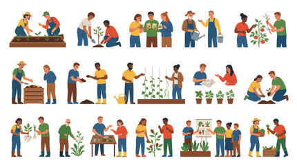 Fototapeta premium Flat Vector Illustrations of People Gardening and Farming, Healthy Lifestyle Concept