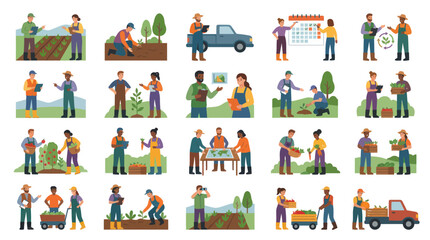 Fototapeta premium Flat Vector Farmers Agriculture Activities Illustration: People Planting, Gardening, Harvesting, Crop Management