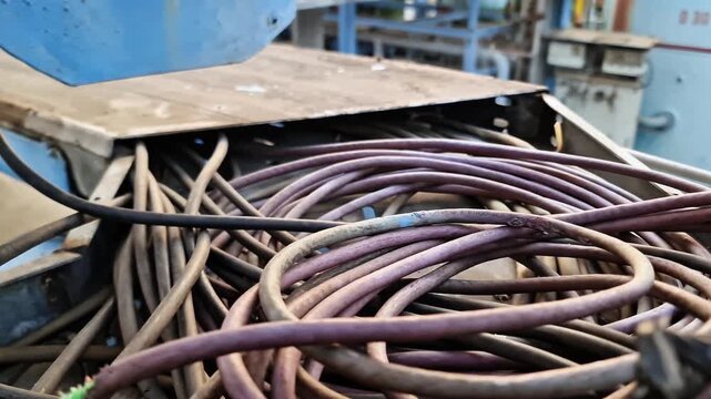 Tangled Industrial Electrical Cables Resting on a Metal Cable Tray Inside a Manufacturing Factory