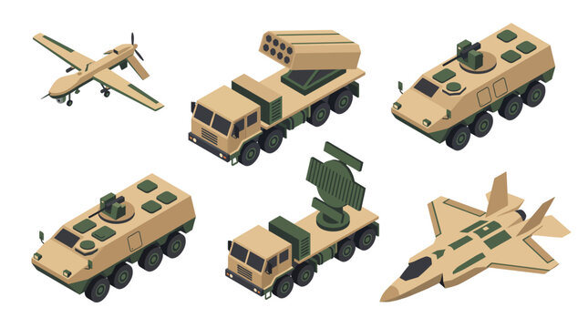 Isometric Desert Military Vehicles and Aircraft Set, Missile Launcher Truck, Fighter Jet, UAV Drone, Armored APC, and Mobile Radar Vector Illustration