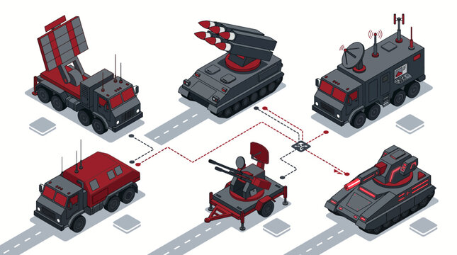Isometric Military Air Defense System Vector, Missile Launcher, Radar Truck, Command Vehicle, and Futuristic Tactical Tanks