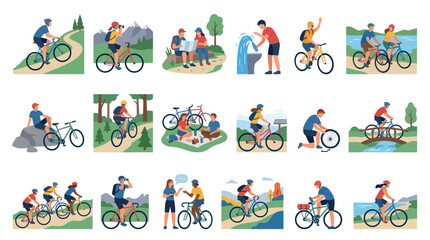 Fototapeta premium Flat Style Illustration: People Cycling in Nature for Outdoor Activity Sports