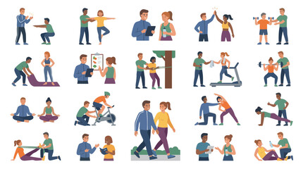 Fototapeta premium Flat Design Vector Icons of People Exercising and Getting Fit