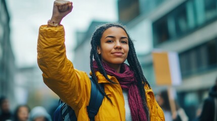 Fototapeta premium Determined climate change activist raising a fist during a protest, advocating for environmental protection and a sustainable future.